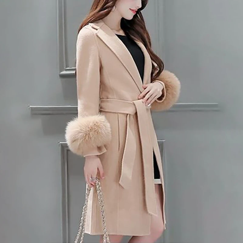 Fashion Woolen Coat Womens Long Winter Korean Version Of Slim Tie Temperament Big Fur Collarfrenulum    Warm Coat Women\'s Tide.