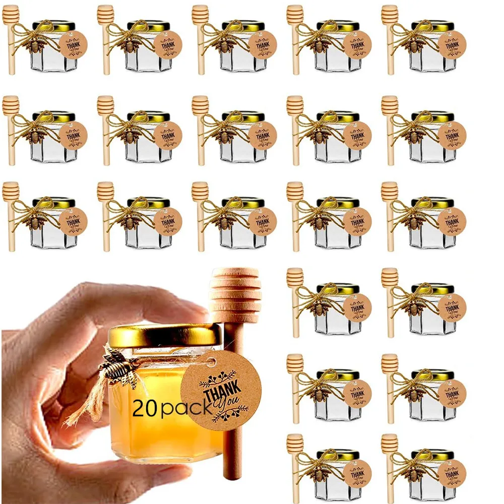 20 pack 1.5oz Mini Glass Honey jars,Small Hexagon Honey Jars with Dipper Empty Glass Jars for Baby Shower Wedding Favors Party F