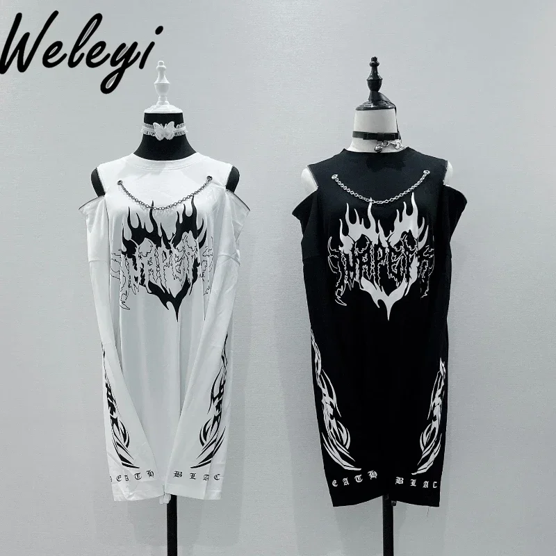 

Japanese Style Y2k Black T-shirts Dress Woman 2024 Summer New Mine Punk Subculture Love Flame Print Long Sleeve T-shirt Dresses