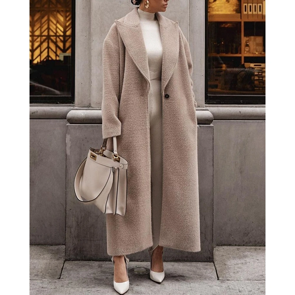 2024 Winter Women Nothched Collar Single Buttoned Fluffy Overcoat Femme Casual Long Coat Elegant Winter Jacket Fashion Outfits
