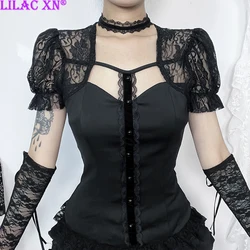 Goth Black Lace Mesh Puff Short Sleeve T-Shirt Y2K Vintage Lace Trim Choker Button Summer Tops Women New Fashion Blouse Tops