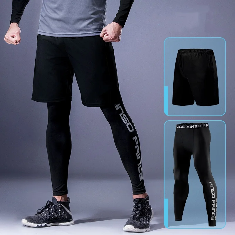 2026 NEW Men's 2PCS Tight Running Leggings Shorts Set Quick Dry Gym Fitness Workout Training Athletic Sportswear