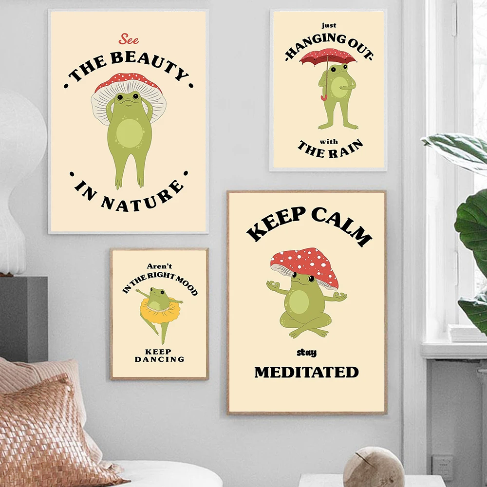 

Retro Aesthetic Dance Frog Art Poster Decor Trendy Wall Motivational Quote Print Mushroom Meditate Canvas Room Home Painting