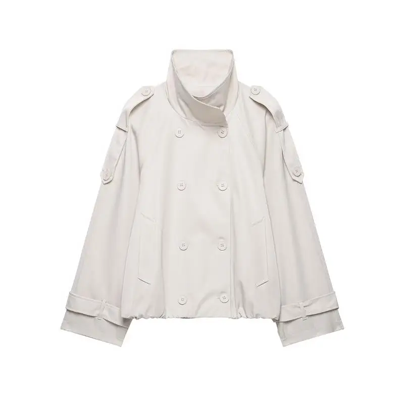 Women Stand Collar Double Breasted Trench Coat Long Sleeve Oversized Fit Shoulder Epaulet Outerwear Fashion