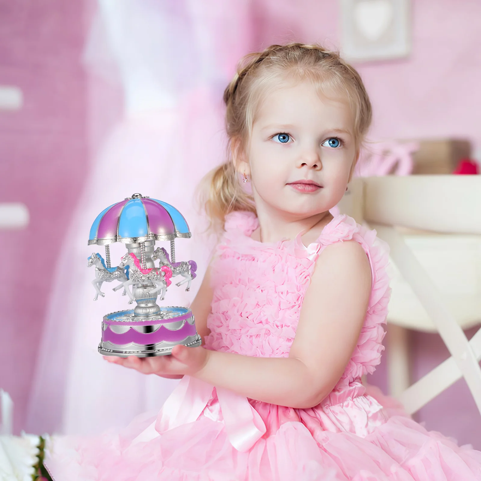 

Purple Carousel Music Box Rotate LED Light Musical Box Romantic Desktop Ornament Warm Atmosphere Gift for Wedding