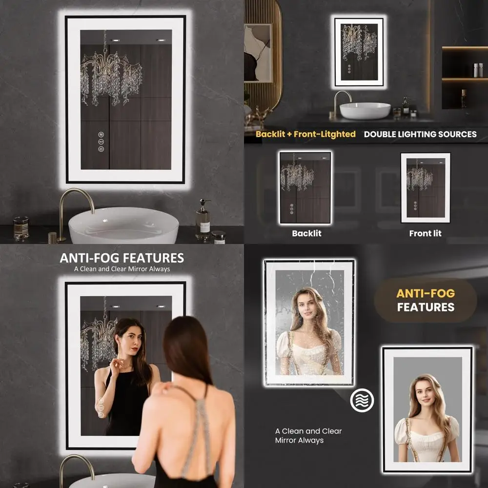 Anti-Fog Dimmable LED Bathroom Mirror with Memory Function, Wall-Mounted Vanity Mirror, Temperature Display, Black Framed 20x28