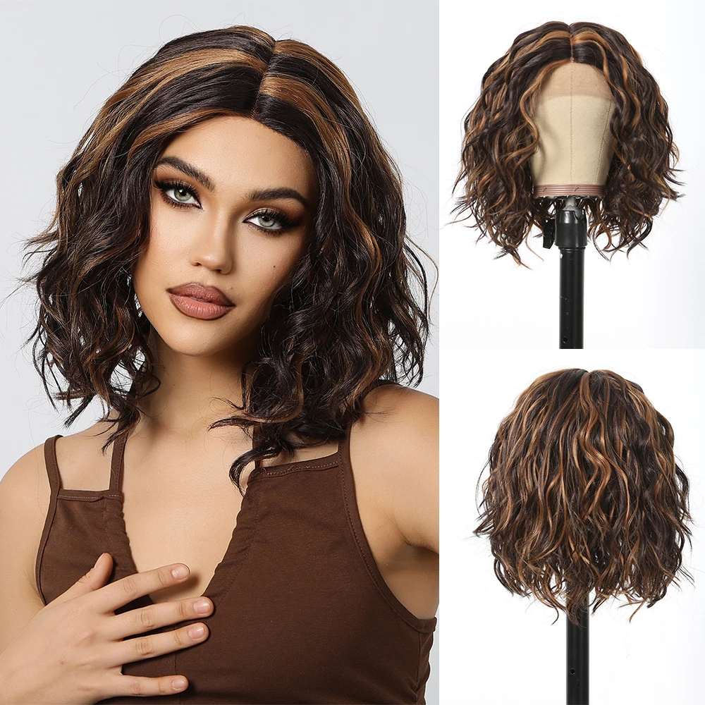 Short Curly Bob Synthetic Lace Frontal Wigs Dark Brown Highlight Blonde 13X4X1 Lace Wig Water Wave Hair for Women Heat Resistant