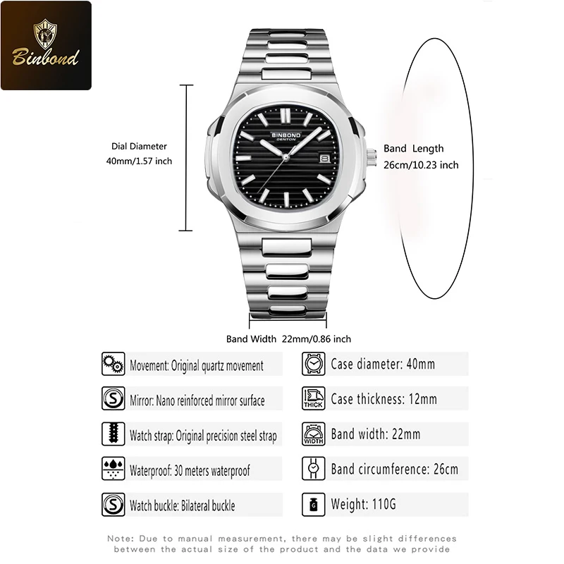 BINBOND หรูหราทหารนาฬิกากันน้ําวันที่สัปดาห์นาฬิกาผู้ชายสแตนเลสสตีลควอตซ์นาฬิกาผู้ชาย Reloj