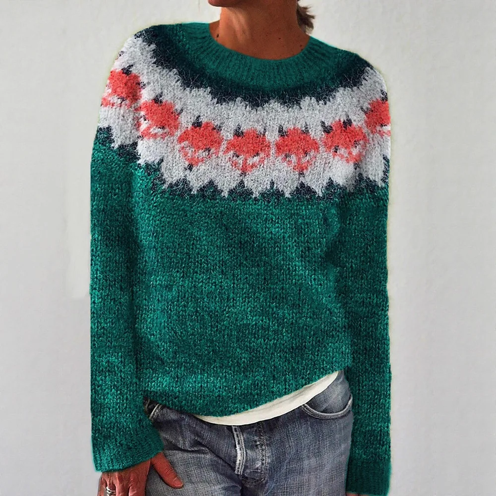 

New Women's Round Neck Color Blocked Loose and Fashionable Pullover Knitted Sweater