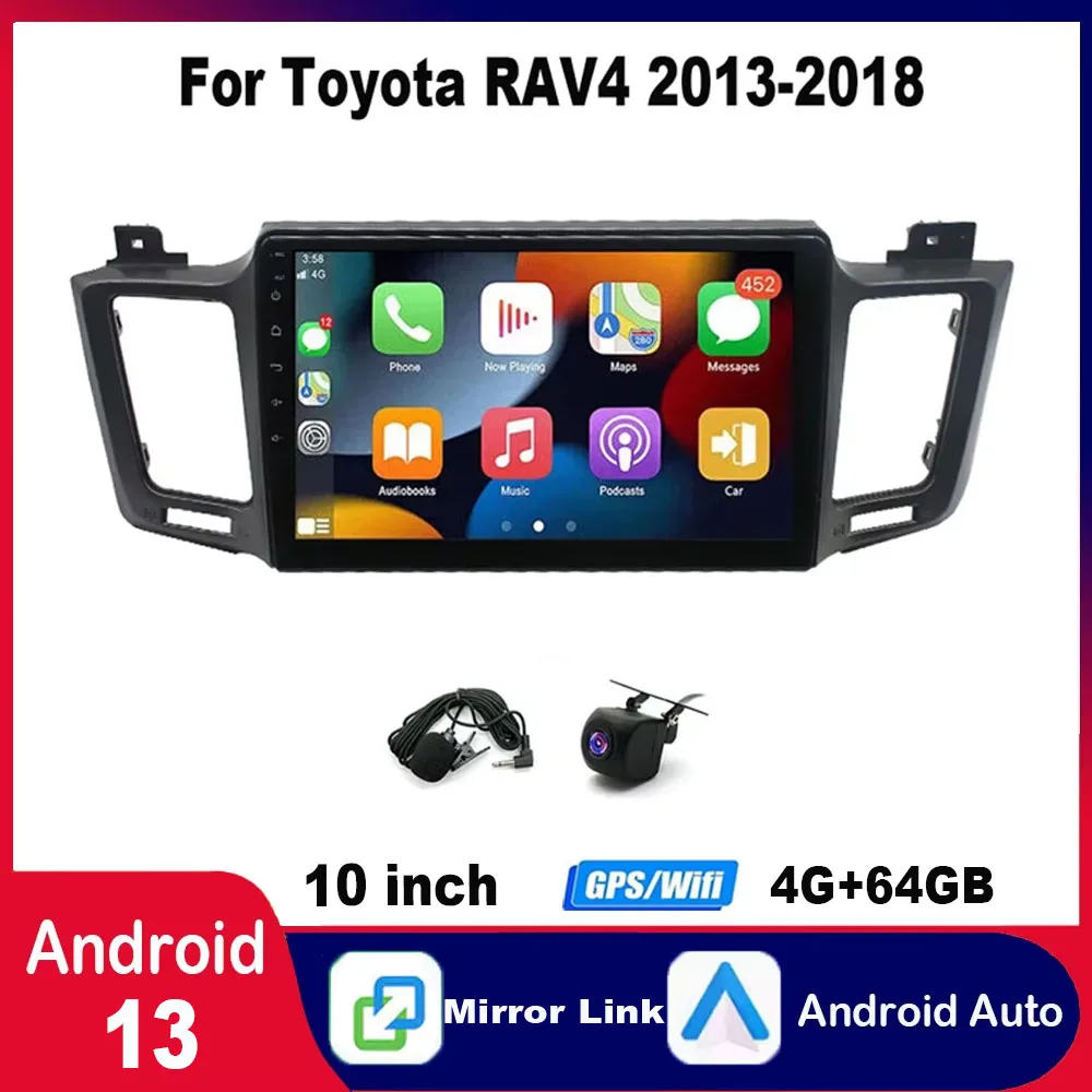Android 13 GPS Navi 4+64GB 10Inch Carplay Car Stereo Radio Compatible for Toyota RAV4 2013-2018