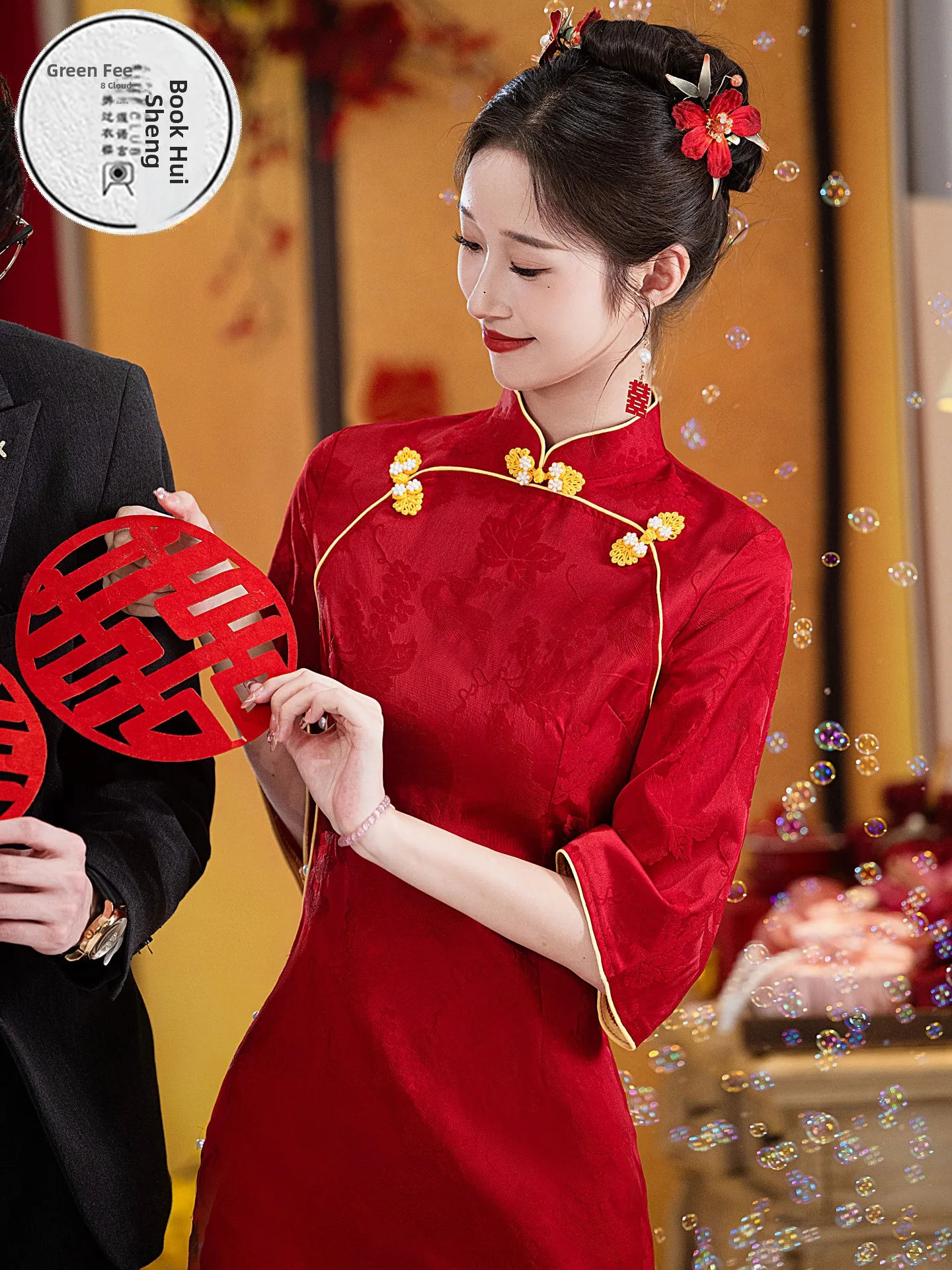 red-chinese-sle-wedding-dr-young-ele-high-end-drinking-ceremony-dr-for-bride-polyester-fiber-midi-dr