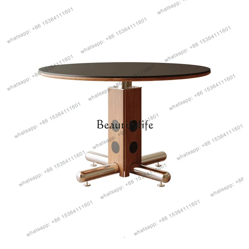 

56Medieval round table stainless steel dining table retro black solid wood high-end rock slab dining table