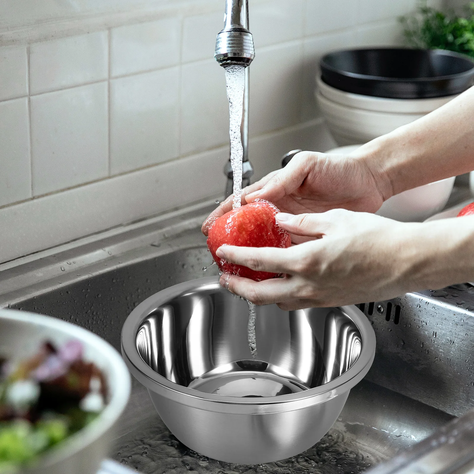 

Stainless Steel Wash Basin Vegetable Mixing Bowl Food Grade Metal Container Fruit Rice Washer Easy Clean