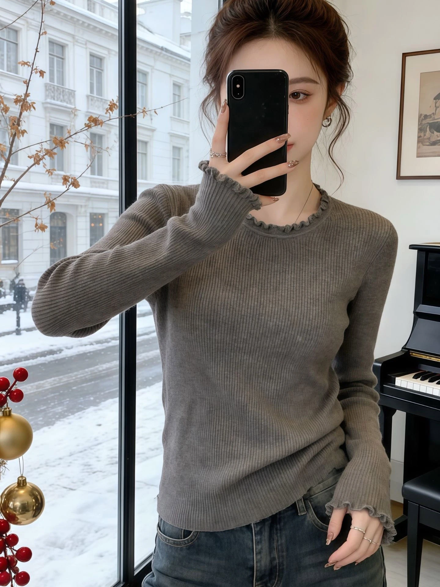 

Korean Sle ey Long Sve Knitted irt Women's Slim Fit Base Layer irt Inner Wear Top Polyester Fiber round Ne