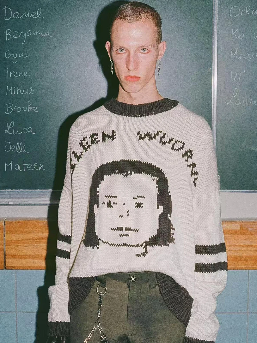 

Мужской свободный вязаный свитер на зиму, модный, в американском стиле, с длинным рукавом, круглым вырезом, из хлопка, теплый, повседневный, для пар