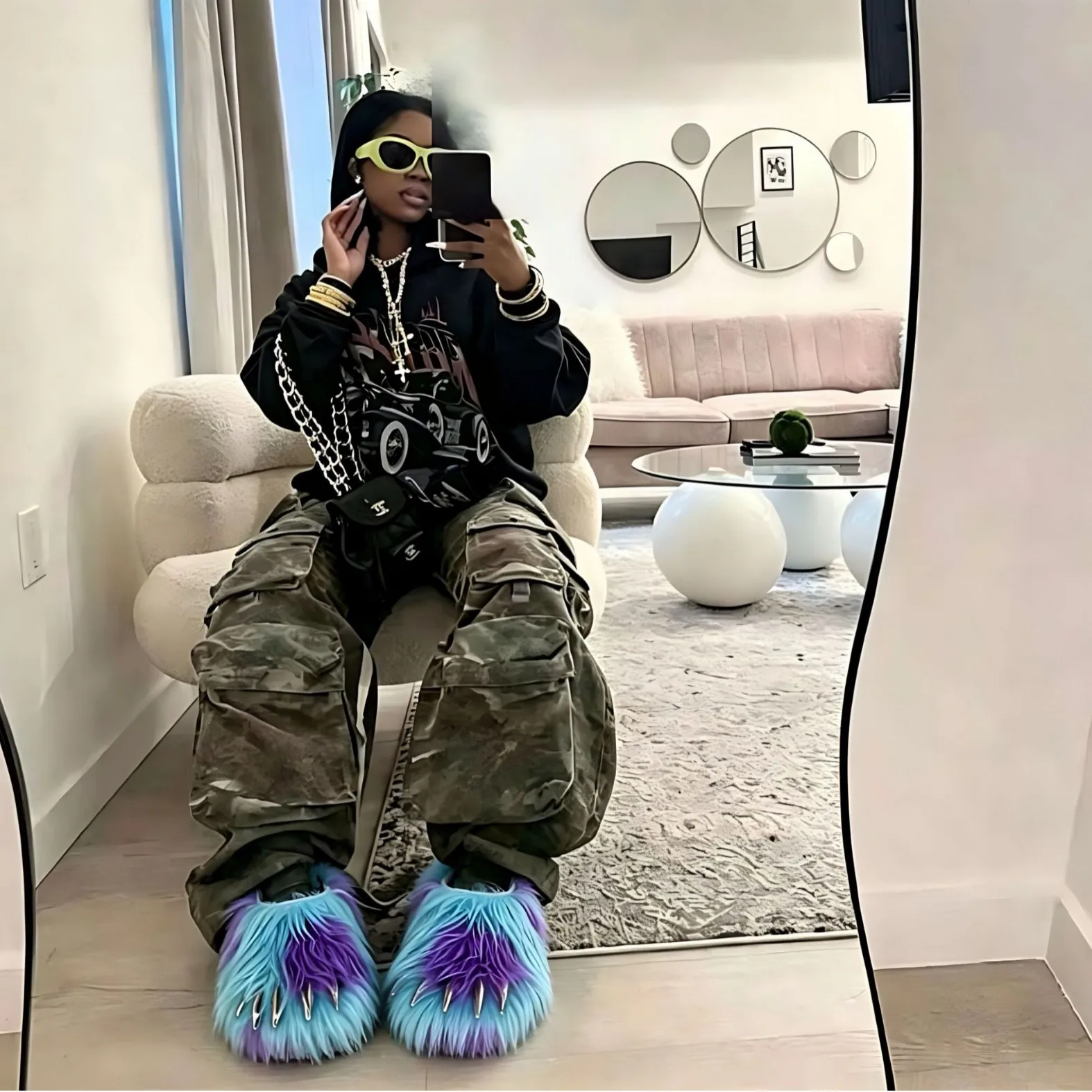 

Blue Animal Furry Claw Slippers Unisex Adult Cute Monster Claw Slippers Cartoon Soft Plush Warm Home Slippers Shoes