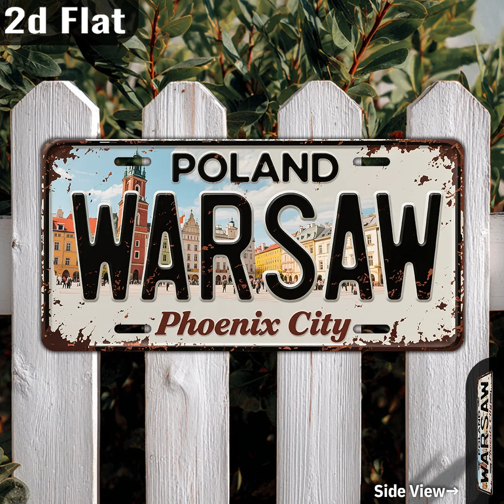 2D Flat, 1pc Vintage Warsaw Poland Metal License Plate WallAlum for home, Garage, Office, Cafe - Ideal Gift for Travelers Lover