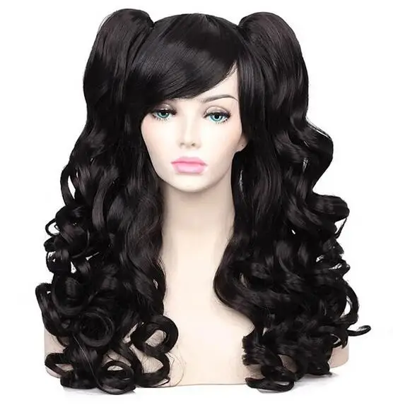 Women Synthetic Hair Long Curly Cosplay Wig Halloween Wigs for Party with 2 Ponytails