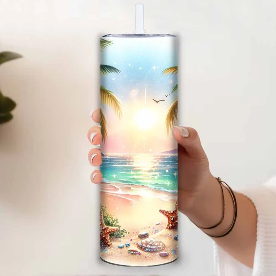 20oz Party Festive Water Bottle Straw Lid 1Pc Stainless Steel  Straight Tumblers Print 3D Beach Seaside Happy Festive Supplies