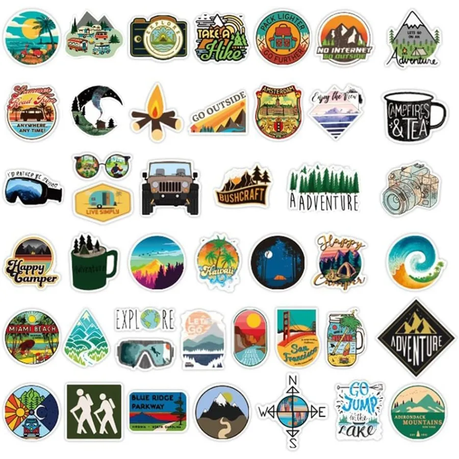 50 قطعة من ملصقات المغامرة الخارجية للطبيعة والمشي لمسافات طويلة والتخييم والسفر شارات الفينيل المقاومة للماء مثالية لزجاجات المياه B #3