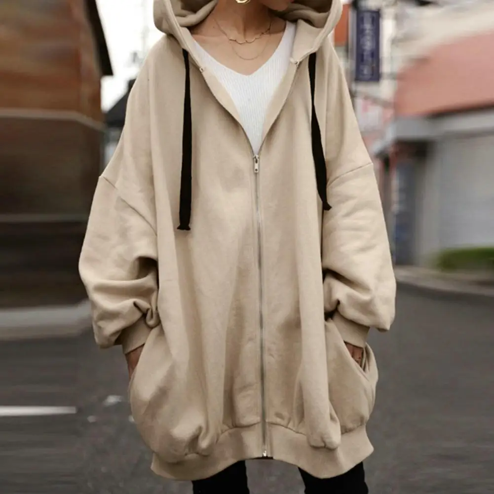 Women Autumn Hooded Drawstring Sweatshirt Coat Long Sleeve Pockets Zipper Placket Mid-length Solid Color Knitted Hoodie Outwear