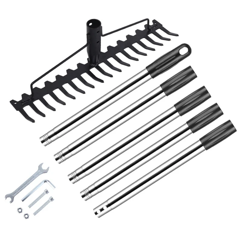 

17 Steel Teeth Metal Head Rake Soil Scarifier With Stainless Steel Handle For Collecting Leaves And Leveling Your Lawn Durable