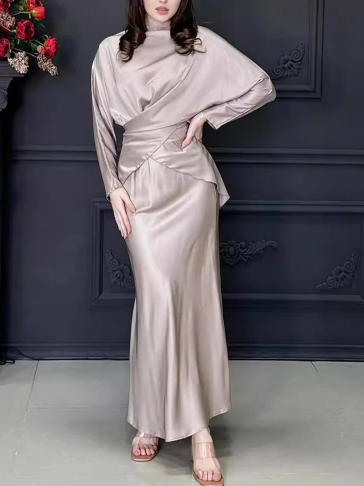 Elegant High Waist Satin Skirt Outfit Casual O-neck Criss-Cross Long Sleeve Top & Long Skirt Suit Fashion Lace-up Draped Suits