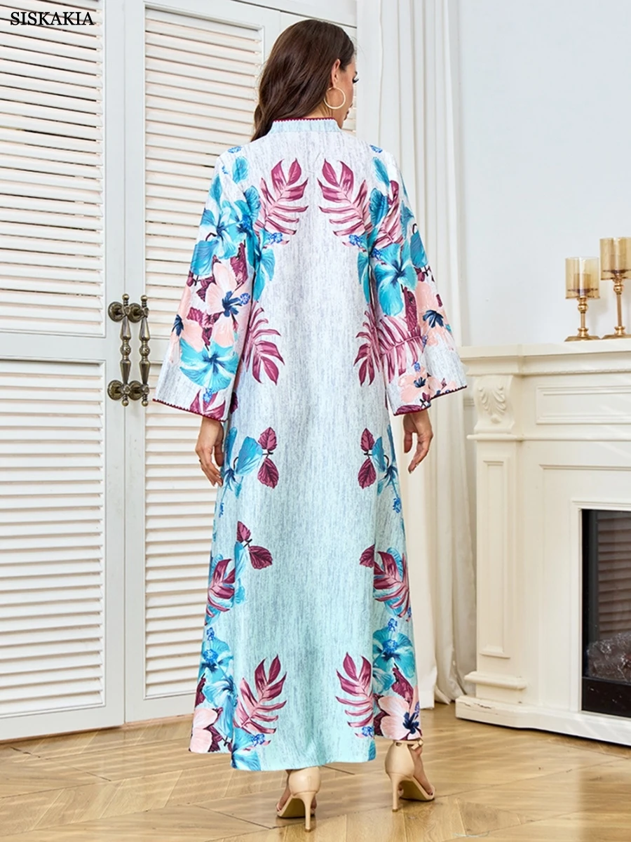 Siskakia Fashion Muslim Elegant Floral Print Abaya Dubai Moroccan Women Clothes 2025