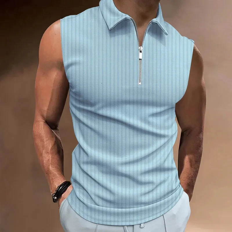

Men's Polos Lapel Waistcoat Polo Shirt Zipper Stripe Vest Summer Sports Muscle Sleeveless Gym Fitness Sleeveless T-Shirt