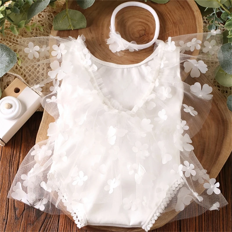 Newborn Photography Props Outfits Baby Lace Romper Headband Set for Girl Photo Newborn Shower Gift 0-1month