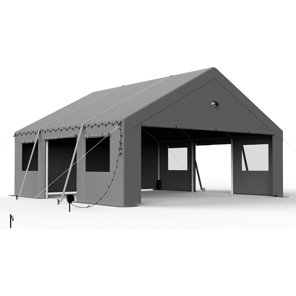 

20x20 Carport Canopy, Heavy Duty Car Ports with Sidewalls, Portable Garage Carports with Roll Up Zipper End & Side Doors, Grey