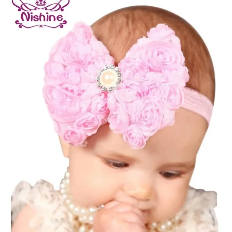 Diadema piezas perlas de doble capa para niña, Diadema con lazo y flores rosas, accesorios para la cabeza, 1 unidad