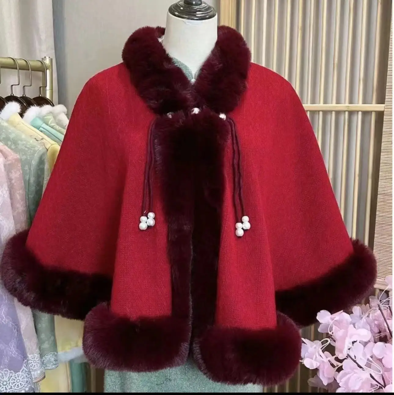 Japan Korea Women Winter Knitted Poncho Cape Outwear Long Faux Fur Collar Cardigan Cloak Loose Batwing  Shawl For Wedding