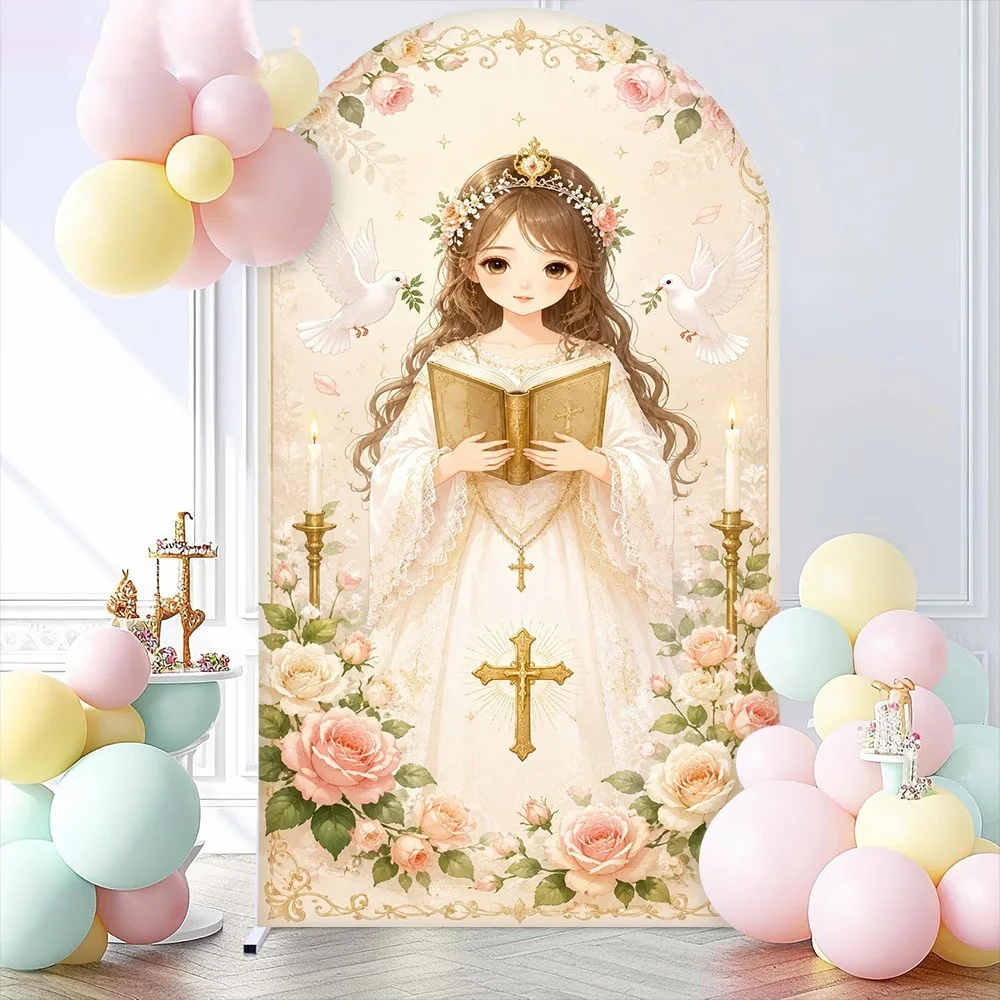 2-sided God Bless Party Arch Backdrop Angel in Floral Girl First Baptism Cake Table Background Flowers Cross Peace Bird Shoot
