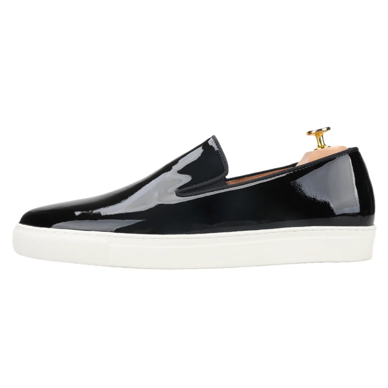 Piergitar Four-Season Model Patent Leather Belgian Style Sneakers Handcrafted Slip-On Men's Casual Shoes With White Rubber Soles