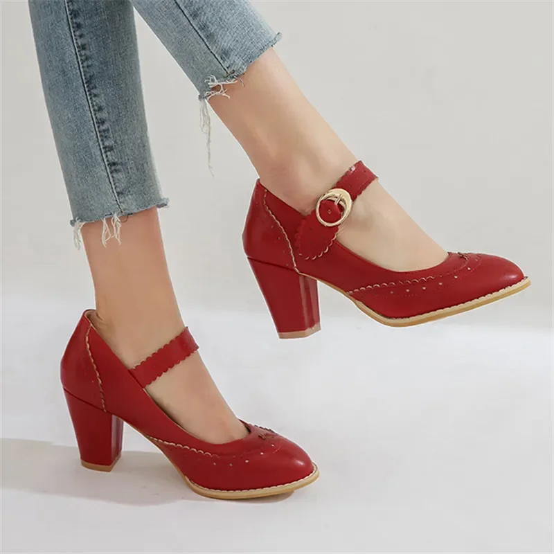 2024 Fashion Womens Shoes Blue  Pink Red Black Block Women Heels Mary Jane Party High Heel Shoes Plus Size 32-43 Pumps