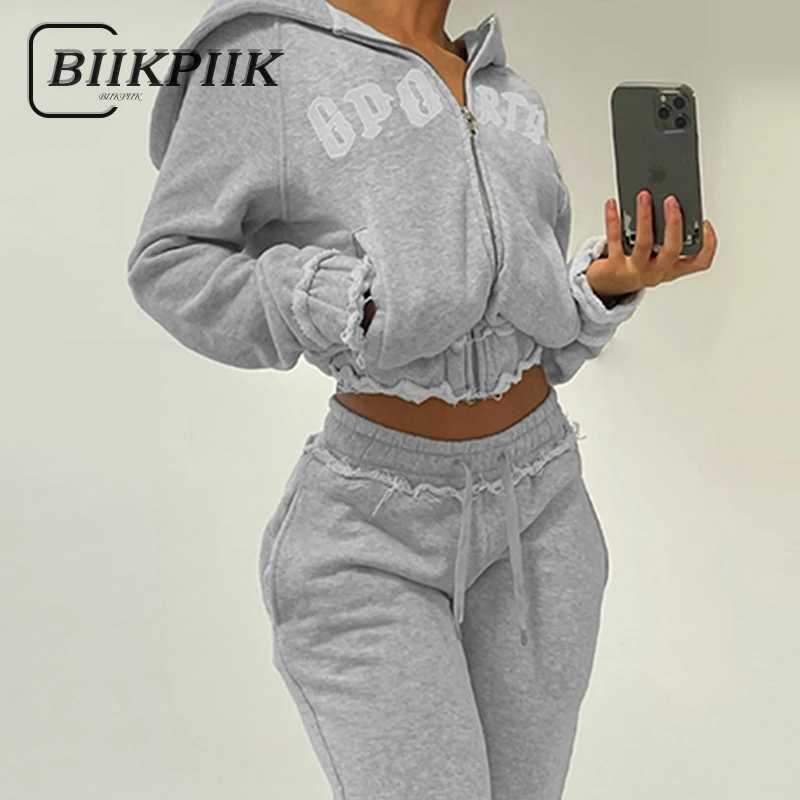 

BIIKPIIK Letter Hoodie Sets Sporty Streetwear Hooded Zipper Coat Drawstring Pants Women Autumn Winter Warm Casual Two Piece Suit