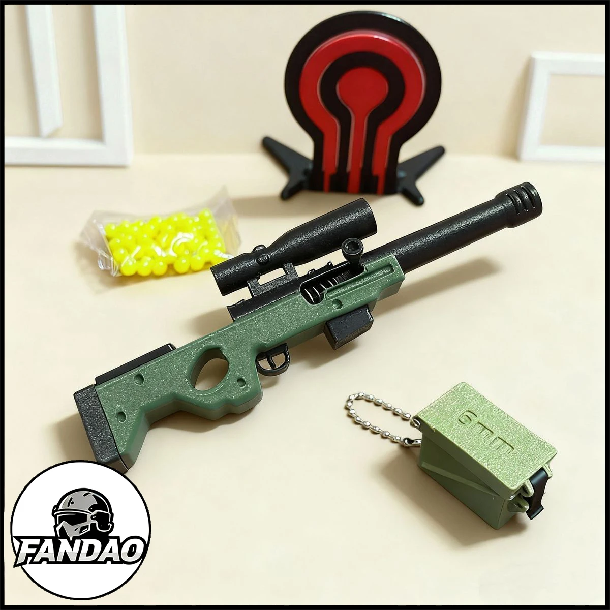 

13cm Mini AWM Toy Model with Ammunition Box & 50 Bullets Launchable Plastic Backpack Pendant Keychain for Kid's Christmas Gift