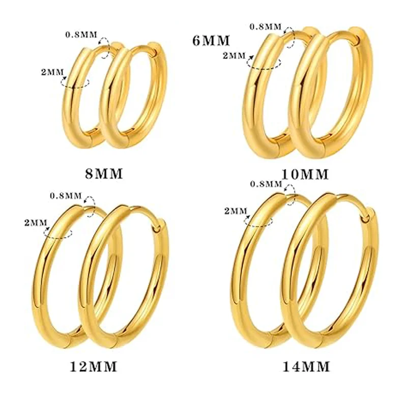 4 pairs mini stainless steel gold hoop earrings 8mm/10mm/12mm14mm,gift box packaging fine plated trendy minimalistic jewelry