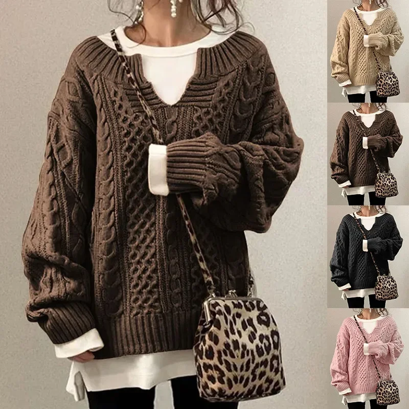 New Women Knitted Pullovers Autumn Warm Loose Fit Half Open Collar Tops Solid Basic Knit Sweater Retro Office Lady Jumper Winter