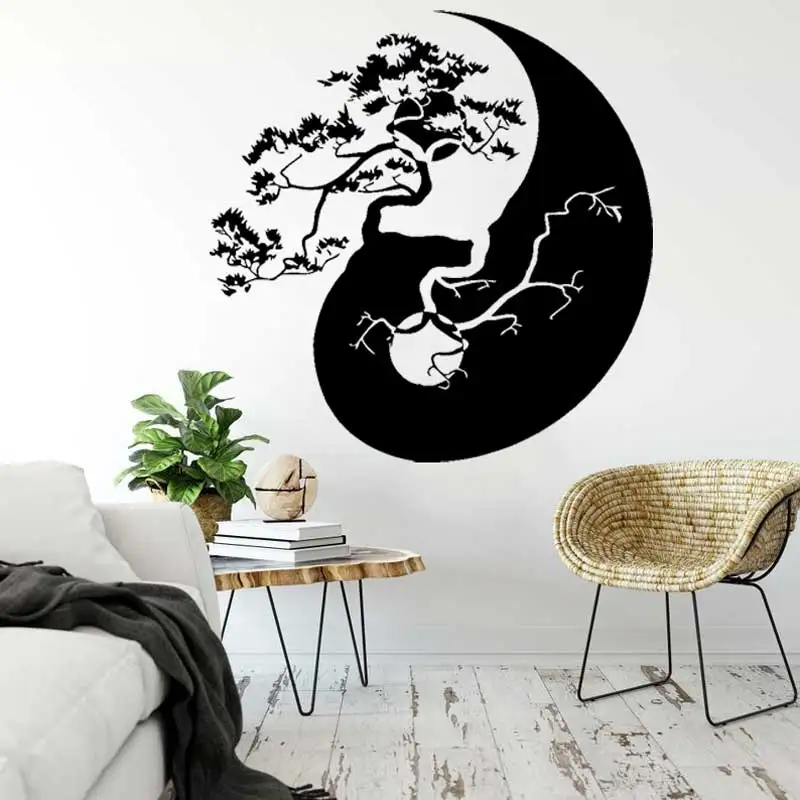 Chinese Pine Bonsai Wall Sticker Asian Buddhist Zen Yin Yang Five Elements Amulet Vinyl Wall Sticker Home Decorative Art Decal