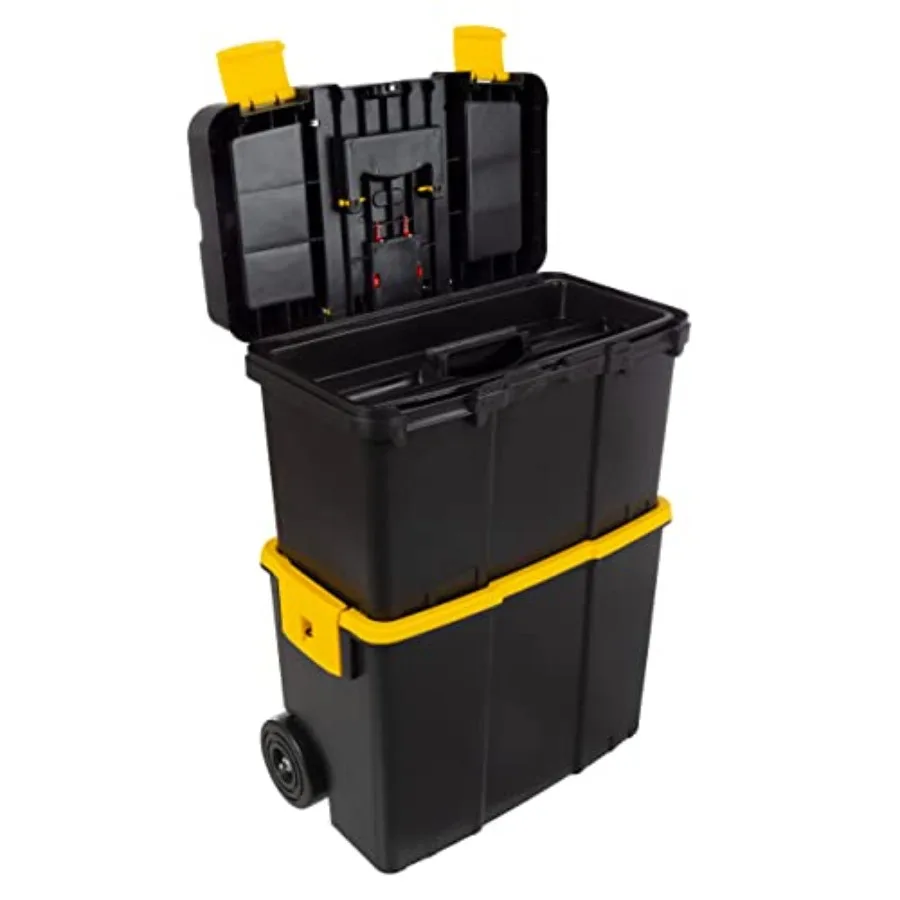 

Portable Tool Box with Wheels - Stackable 2-in-1 Tool Chest with Fold-Down Comfort Handles Tough Latches and Removable Storage
