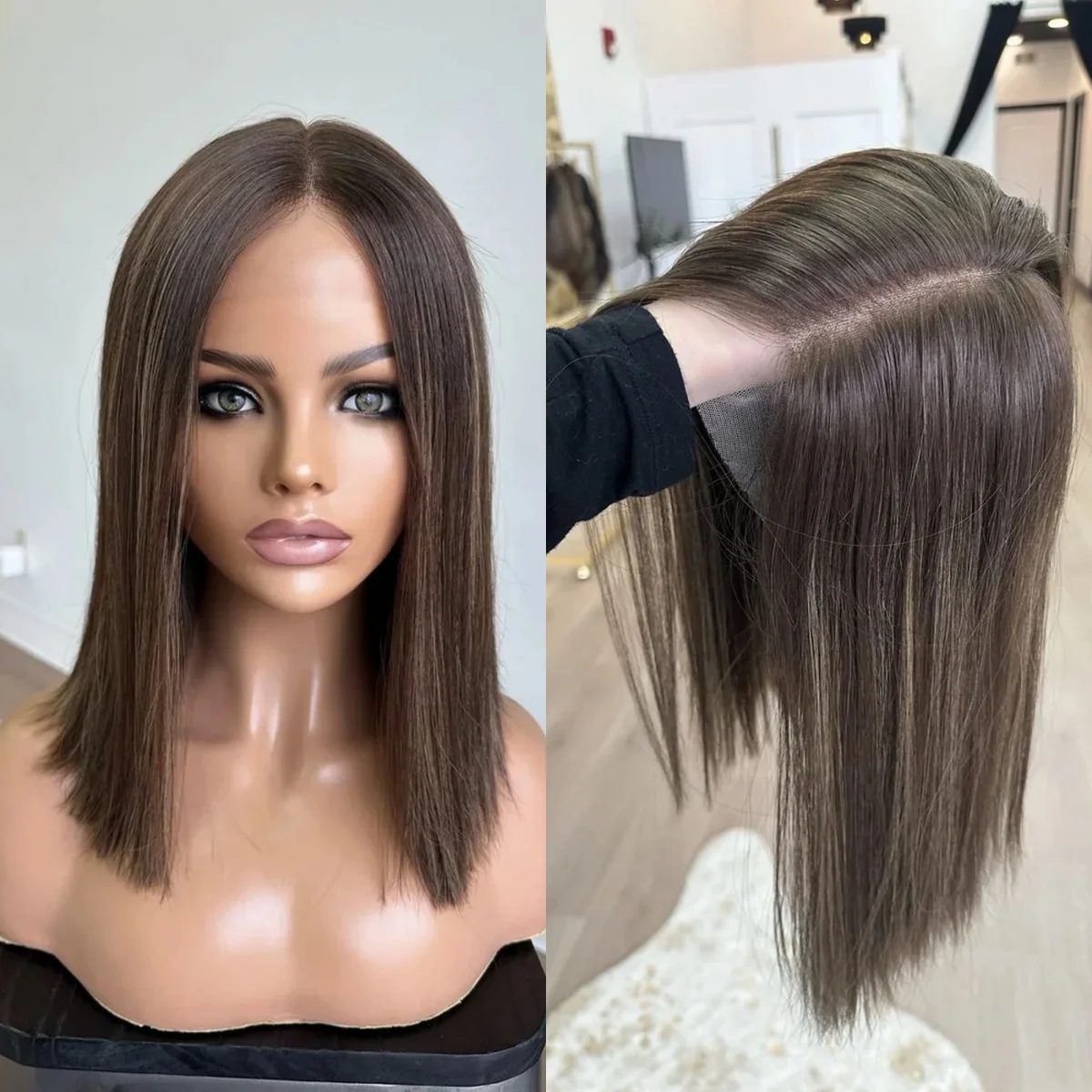 Women's Wig Short Straight Bob Ombre Brown and Blonde Synthetic Lace Front Wig High Quality Wig Human Hair Blend Synthetic Hair