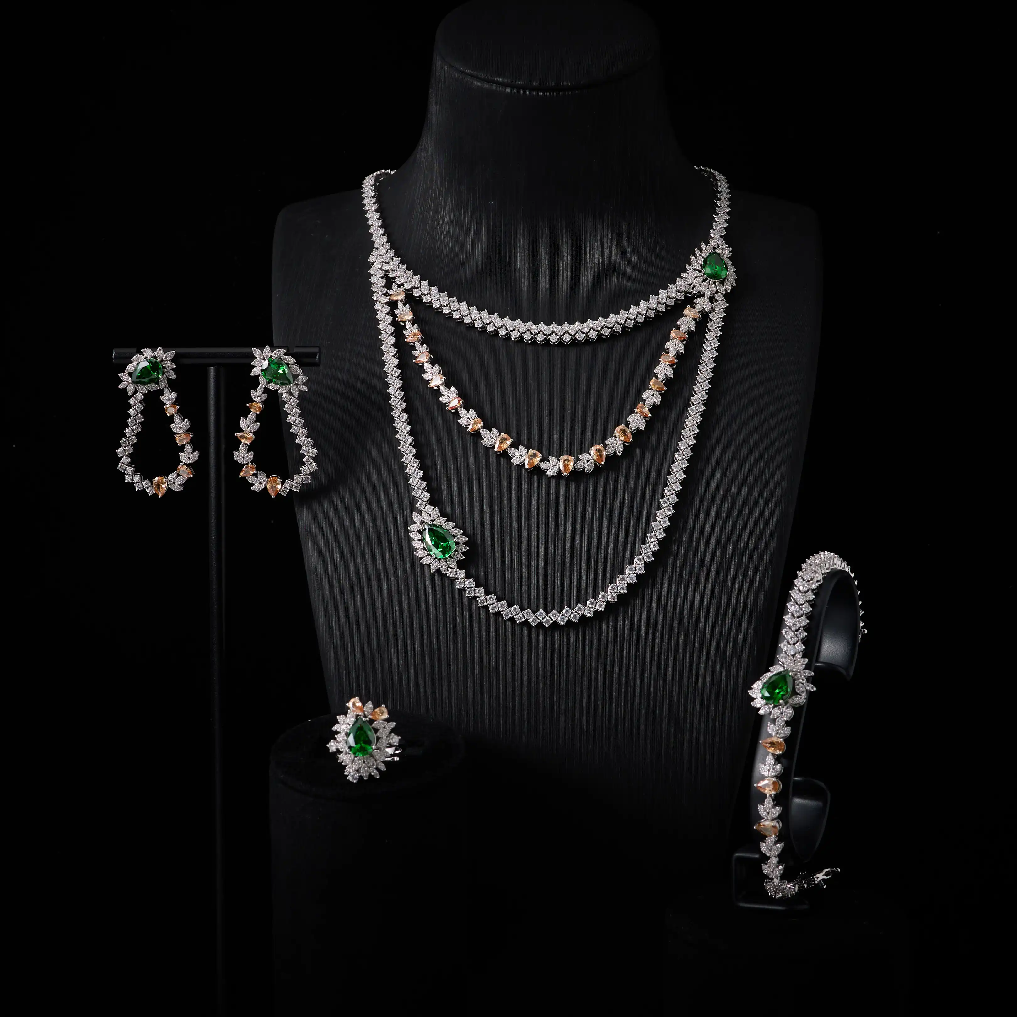 00047 4PCS Cubic Zirconia Jewelry Set, 3 Layer Chain Necklace Dangle Earrings Ring Bracelet, Bridal Wedding Party Prom Gift for