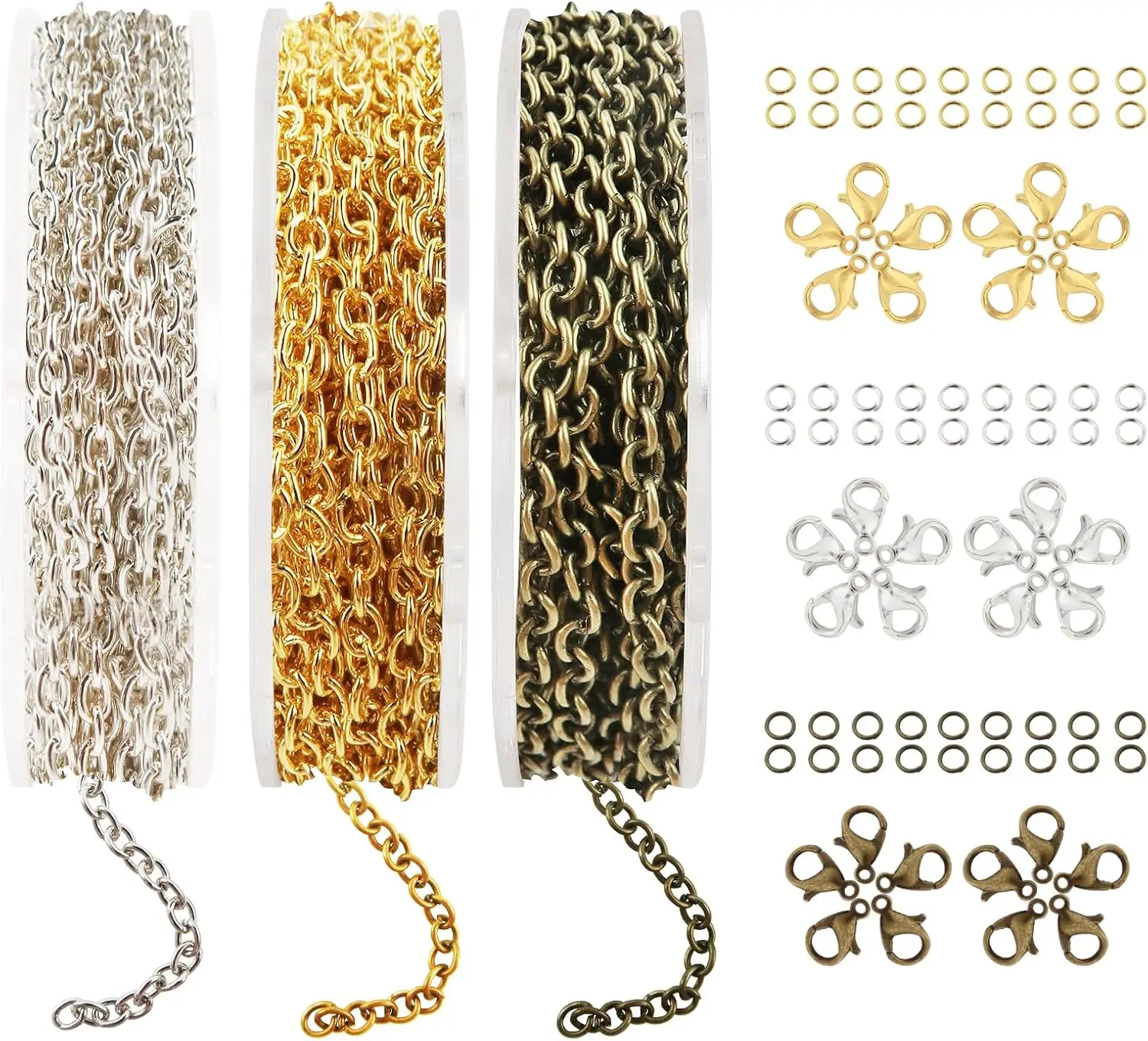 

49 Feet Jewelry Making Chains 2mm Necklace Chains 3 Colors Metal Cable Chain Link with 60pcs Lobster Clasps and 90pcs Jump Rings