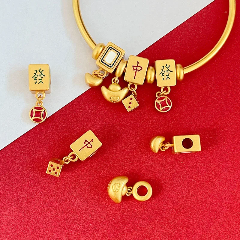 QEENKISS Gold Mahjong ZHONG Bead Charm For DIY Bracelet Making For Girl Children Accessories Bulk Wholesale Christmas Gift AC509