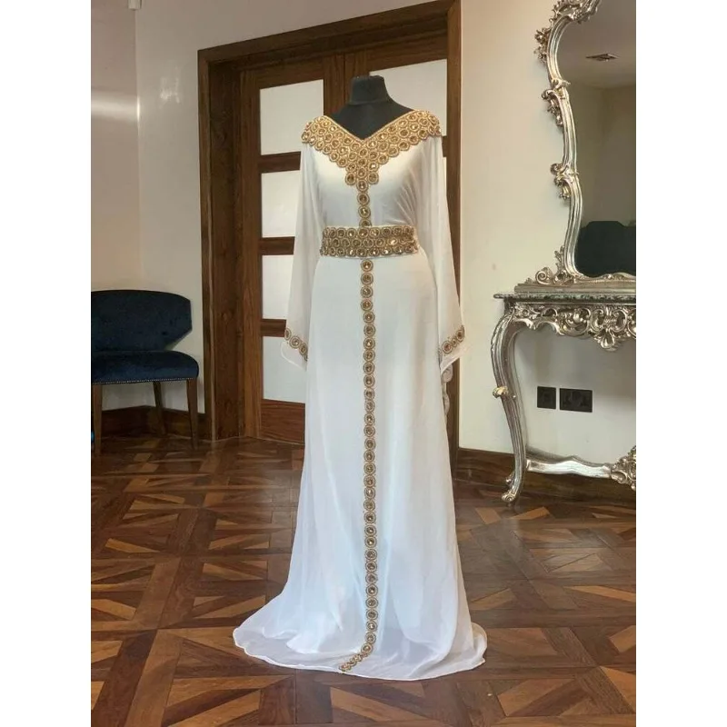 White Dress Fancy Abaya Dubai Formal Beaded Dubai Kaftan