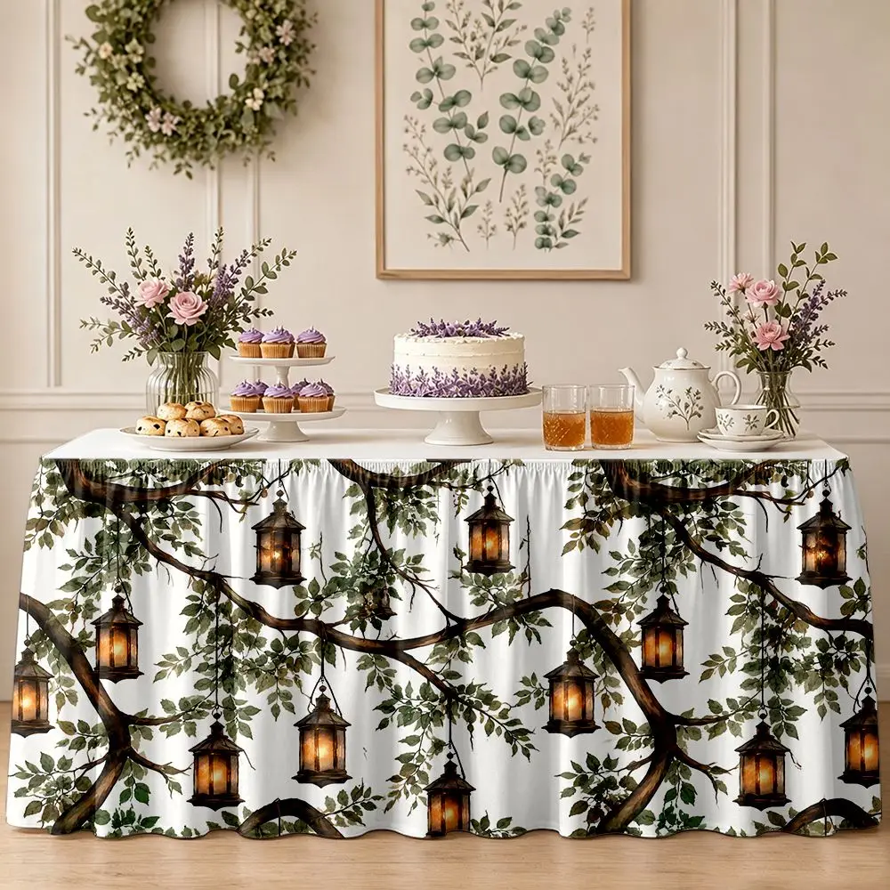 One-piece party table skirt decoration with tree branch pendant pattern and ruffled table edge. Suitable for garden tea parties.