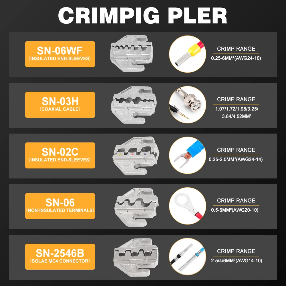 1 Boxed Set 6Pcs Professional Sn-58B Crimping Pliers SN-06WF/06 SN-03H SN-02C SN-2546B  Carbon Steel For 0.25-1.5Mm² Awg23-16