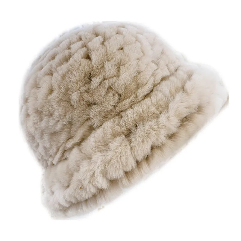 

Real Rex Rabbit Fur Fedroa Winter Warm Knitted Fluffy Hat Women Female Bucket Cap